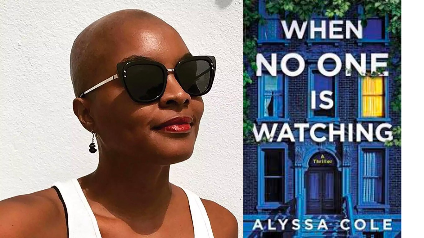 Photo of Alyssa Cole with a photo of her book cover (When No One Is Watching)
