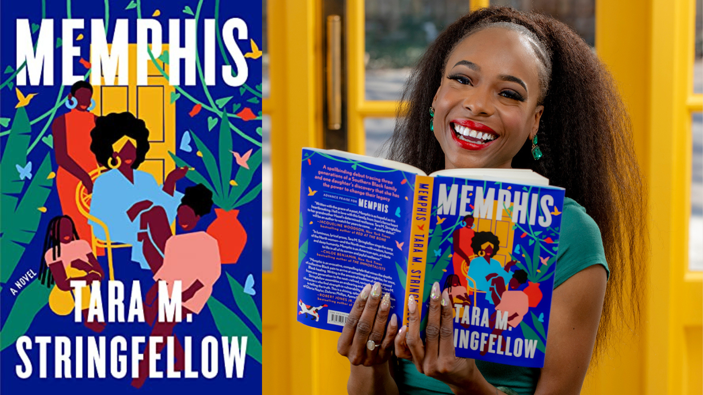 Blog Header with Memphis book cover next to a picture of author, Tara M. Stringfellow holding a copy of the book while smiling